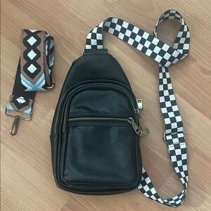 Black Crossbody Bag with Checkered Strap